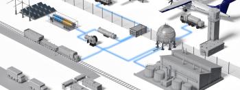 Future airport hydrogen ecosystem showing gaseous and liquid hydrogen aircraft and refueling.