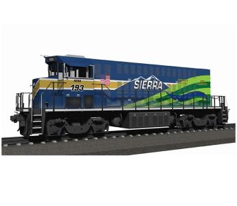 Hydrogen switching locomotive rendering with Sierra Northern Railway color scheme