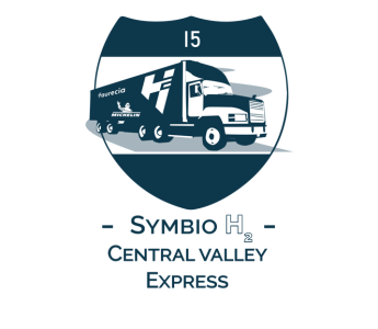 Symbio H2 Central Valley Express Logo depicting semi truck in an interstate shield shape