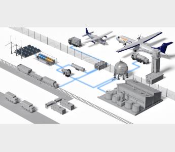Future airport hydrogen ecosystem showing gaseous and liquid hydrogen aircraft and refueling.