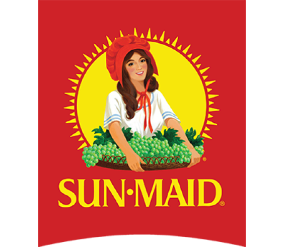 Sun-Maid's Company Logo in portrait form. A woman in a red bonnet carrying a basket of grapes.