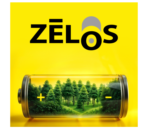 Zelos logo with stylized battery design