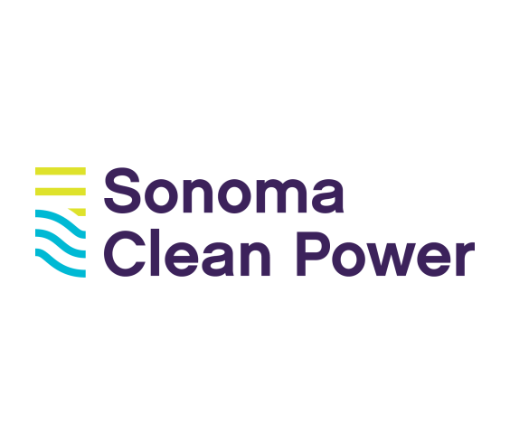 The image shows the logo for "Sonoma Clean Power." The logo features the organization's name in bold purple text, with "Sonoma" positioned above "Clean Power." To the left of the text are graphical elements consisting of yellow/green horizontal lines at the top and blue wavy lines at the bottom, suggesting energy, water, or environmental themes. The overall design is clean and modern, using a color palette of purple, turquoise blue, and yellow-green.