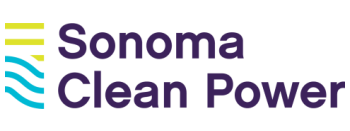 The image shows the logo for "Sonoma Clean Power." The logo features the organization's name in bold purple text, with "Sonoma" positioned above "Clean Power." To the left of the text are graphical elements consisting of yellow/green horizontal lines at the top and blue wavy lines at the bottom, suggesting energy, water, or environmental themes. The overall design is clean and modern, using a color palette of purple, turquoise blue, and yellow-green.
