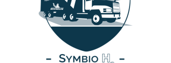 Symbio H2 Central Valley Express Logo depicting semi truck in an interstate shield shape
